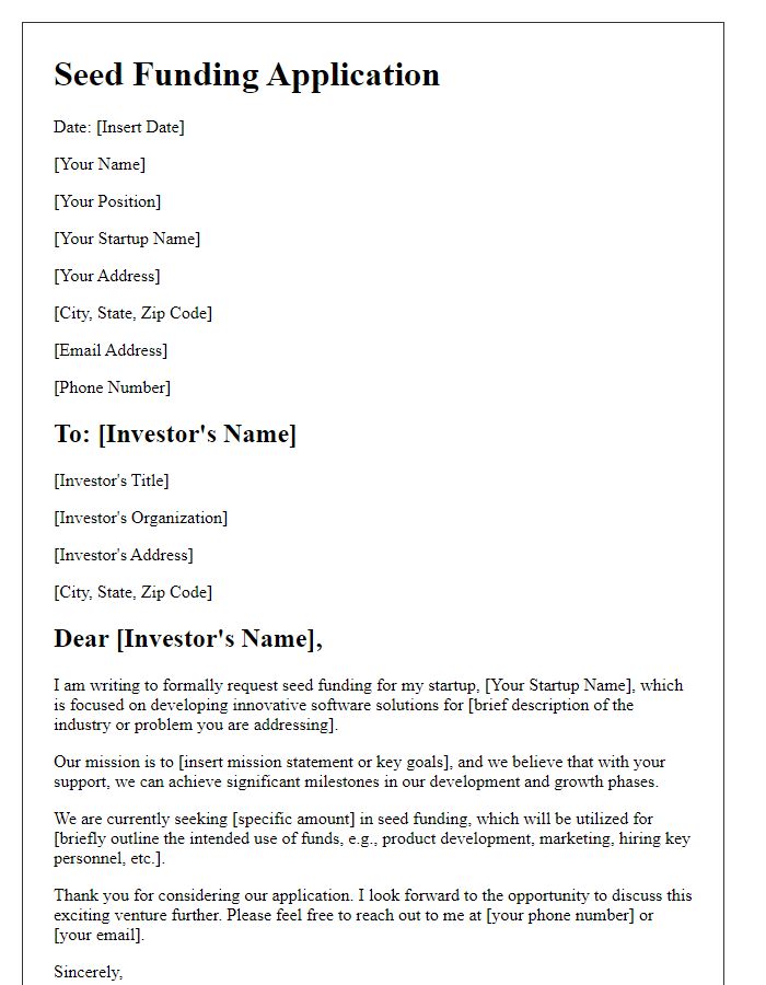 Letter template of seed funding application for software development startup