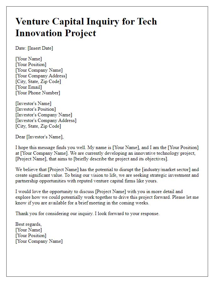 Letter template of venture capital inquiry for tech innovation project