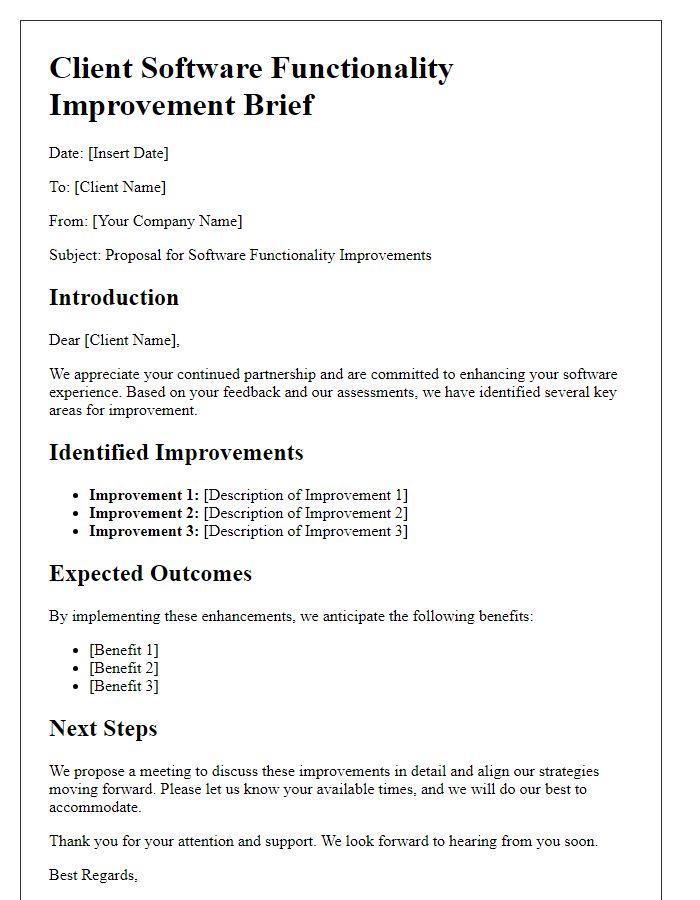 Letter template of client software functionality improvement brief