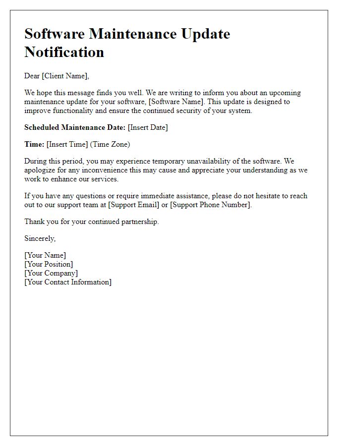 Letter template of client software maintenance update alert
