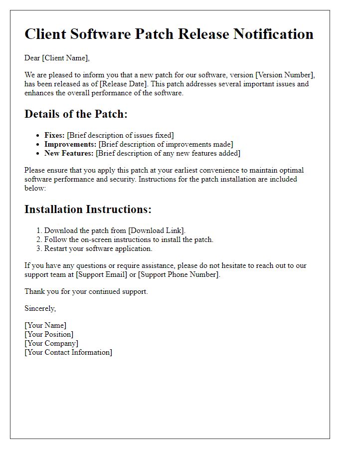 Letter template of client software patch release information