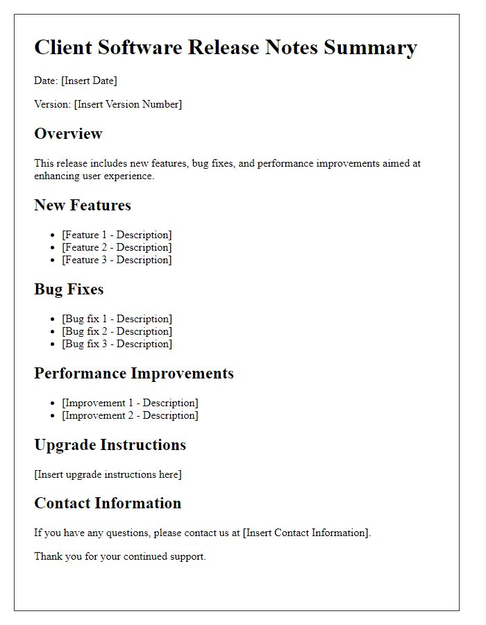 Letter template of client software release notes summary