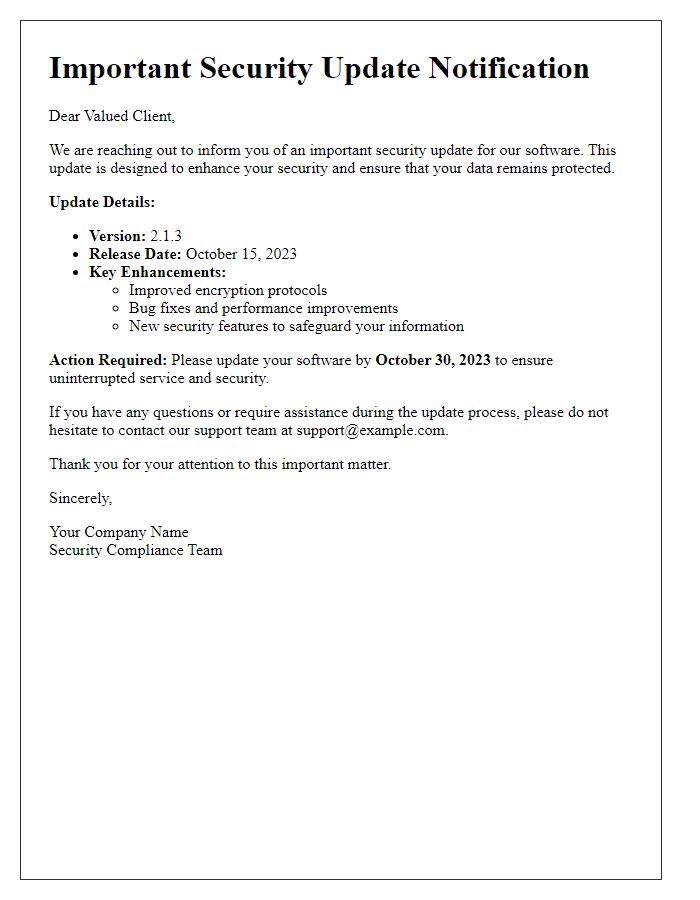 Letter template of client software security update communication