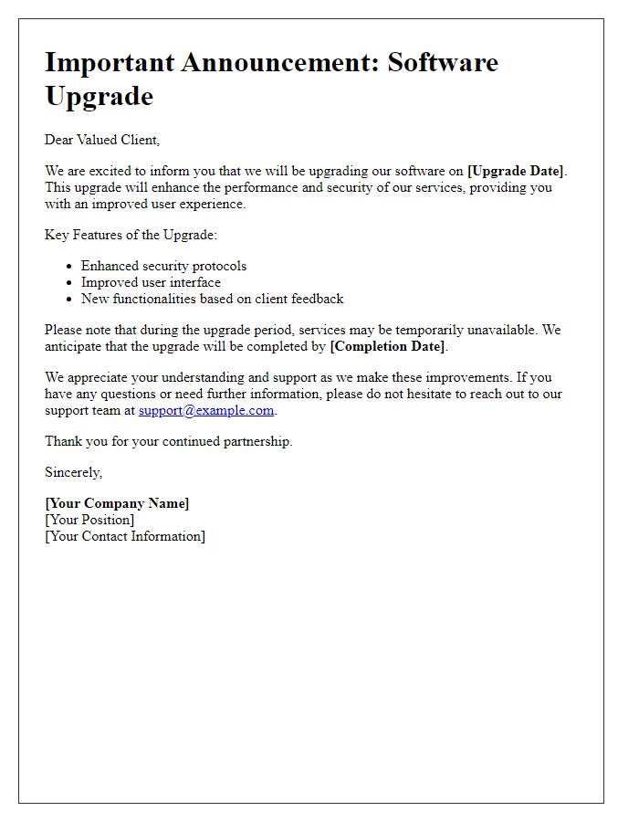 Letter template of client software upgrade announcement