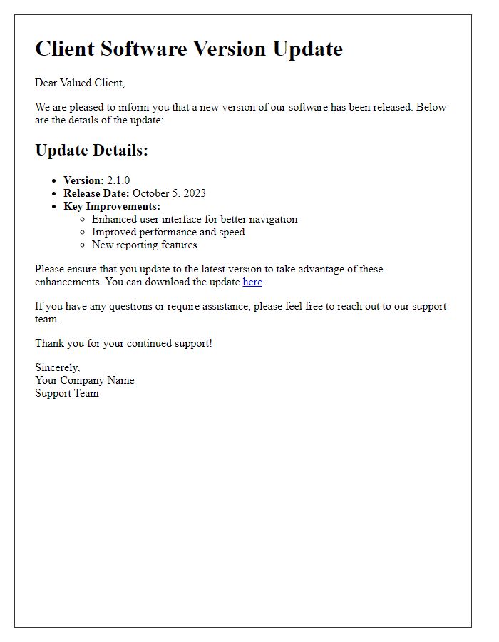 Letter template of client software version update details