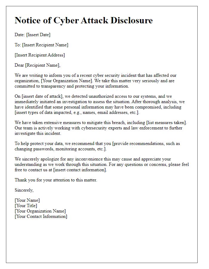 Letter template of cyber attack disclosure