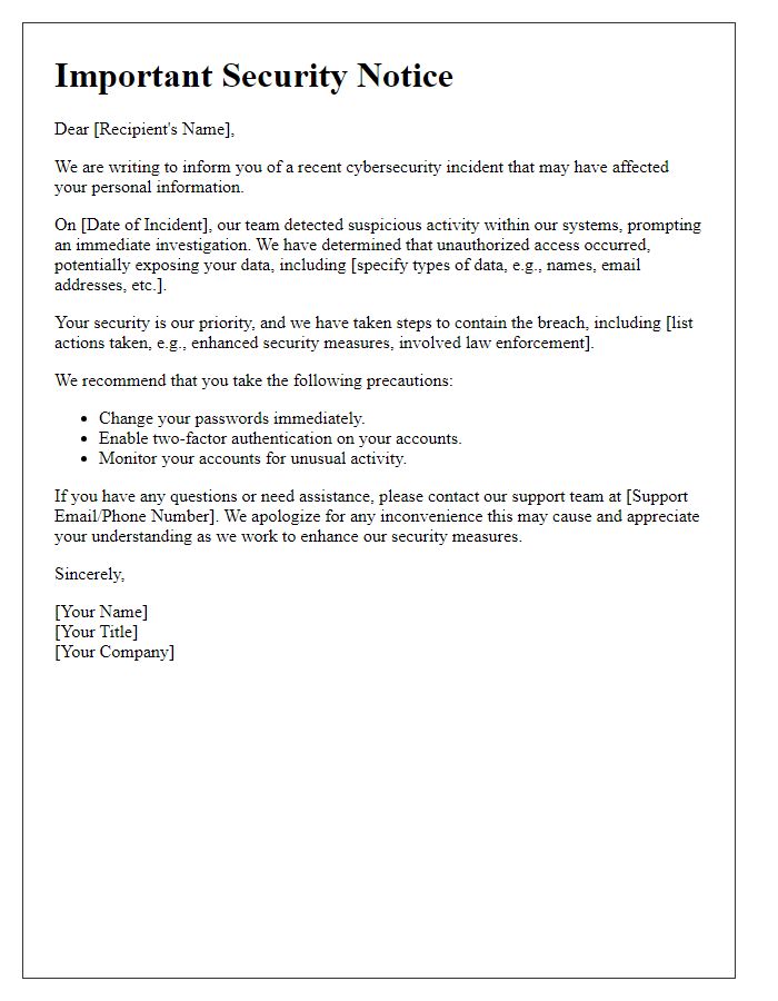 Letter template of cybersecurity breach communication