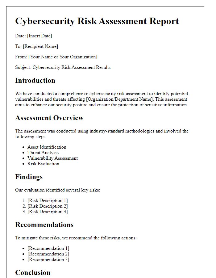 Letter template of cybersecurity risk assessment