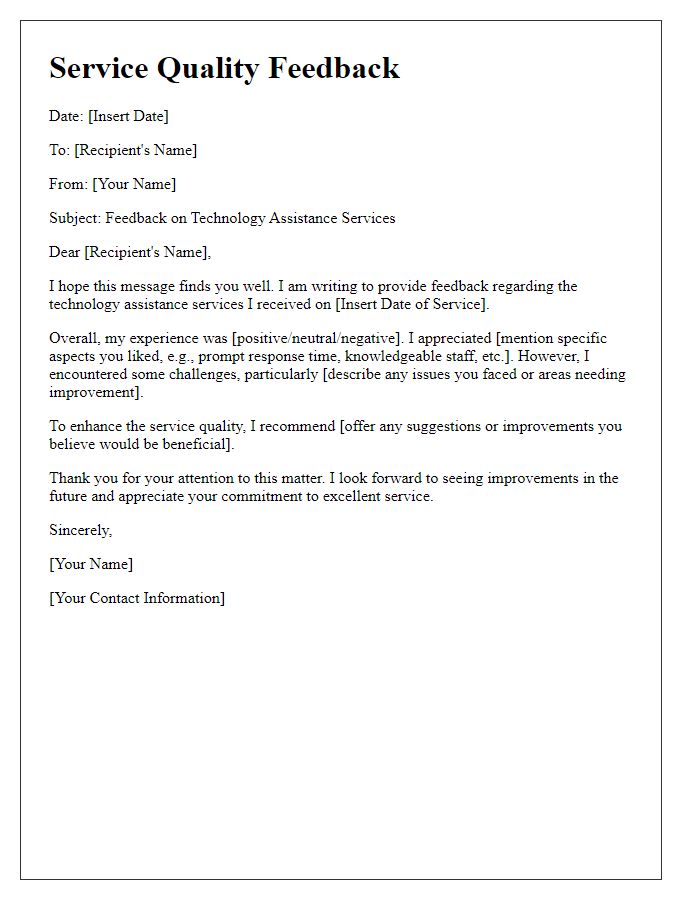 Letter template of service quality feedback for technology assistance