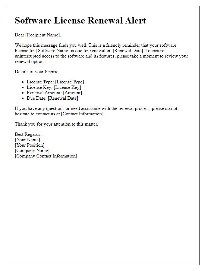 Letter template of alert for software license renewal due