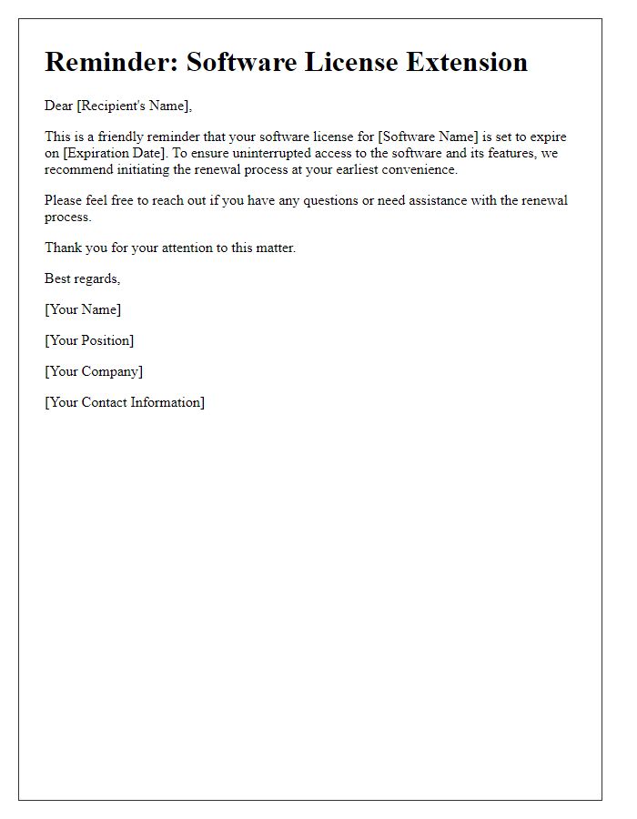 Letter template of reminder for software license extension