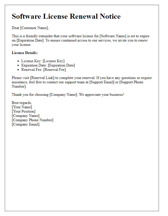 Letter template of renewal notice for software license