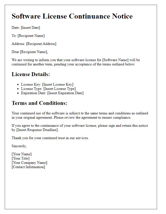 Letter template of software license continuance notice