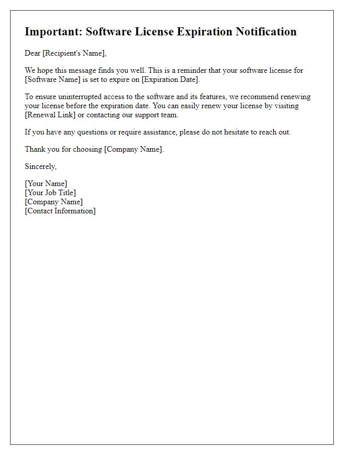 Letter template of software license expiration alert