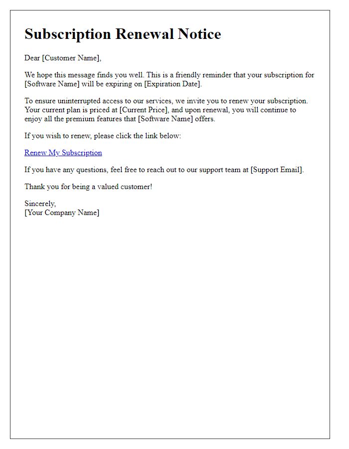 Letter template of software subscription renewal notice