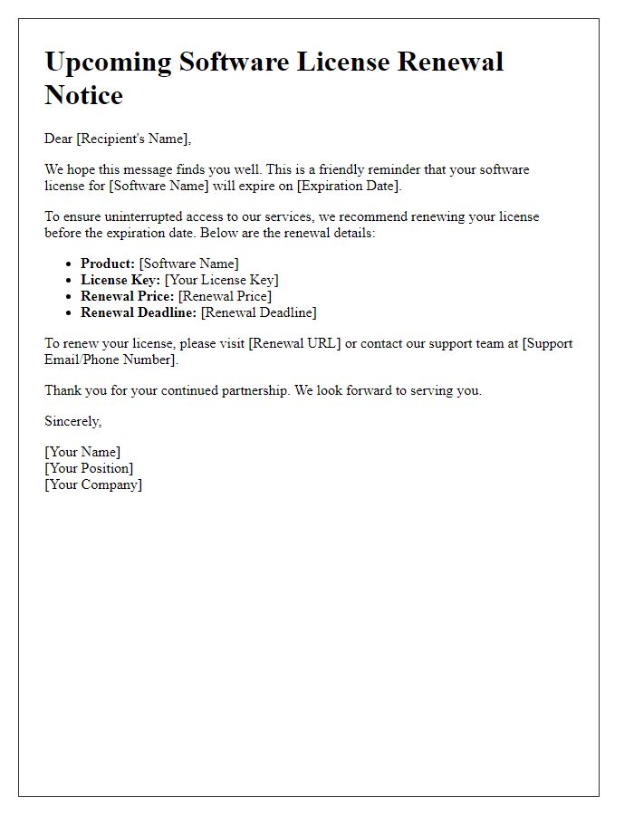 Letter template of upcoming software license renewal