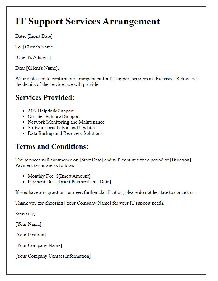 Letter template of IT support services arrangement