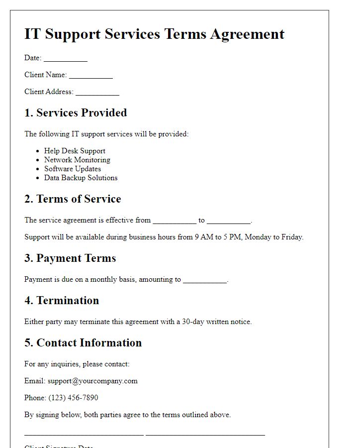 Letter template of IT support services terms