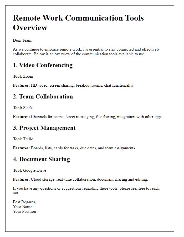 Letter template of Remote Work Communication Tools Overview