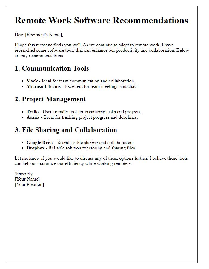 Letter template of Remote Work Software Recommendations