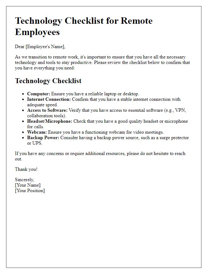 Letter template of Technology Checklist for Remote Employees