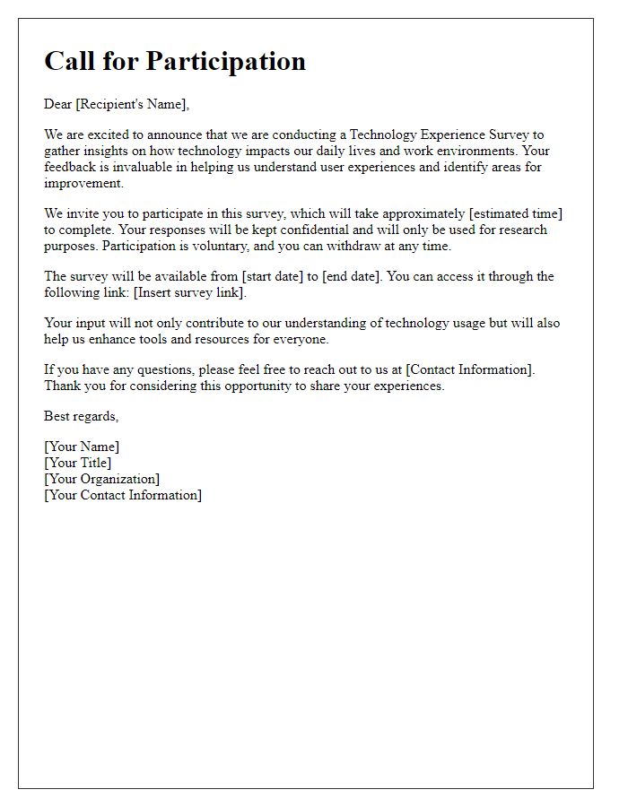 Letter template of Call for Participation in Technology Experience Survey