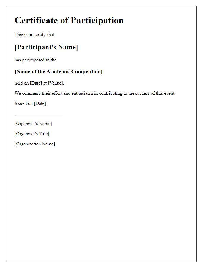 Letter template of event participation certificate for an academic competition