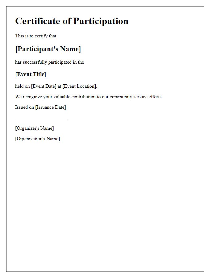 Letter template of event participation certificate for a community service