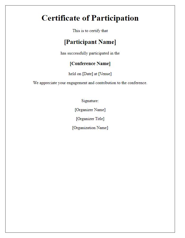 Letter template of event participation certificate for a conference