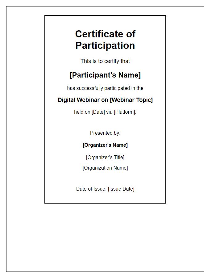 Letter template of event participation certificate for a digital webinar