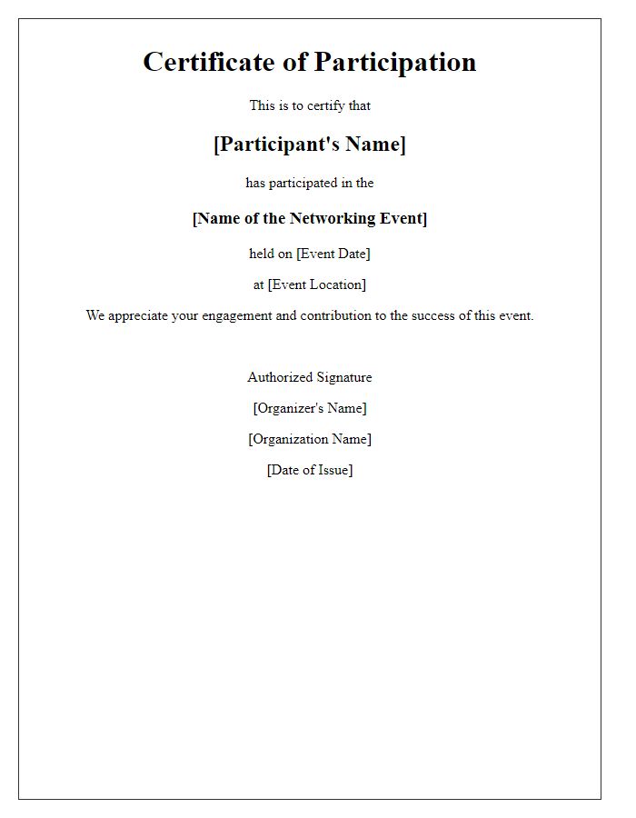 Letter template of event participation certificate for a networking event