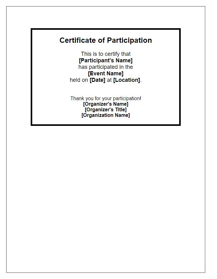 Letter template of event participation certificate for a sports event