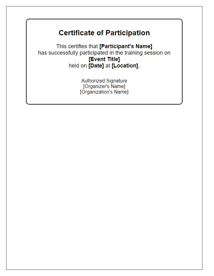 Letter template of event participation certificate for a training session