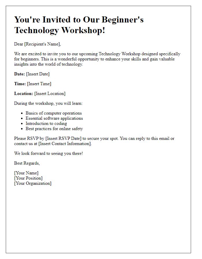 Letter template of technology workshop invitation for beginners