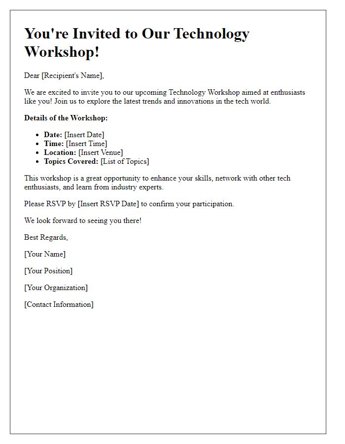 Letter template of technology workshop invitation for enthusiasts