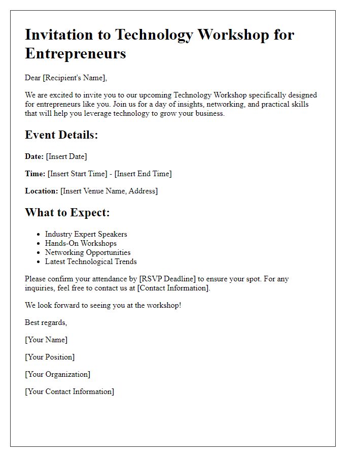 Letter template of technology workshop invitation for entrepreneurs