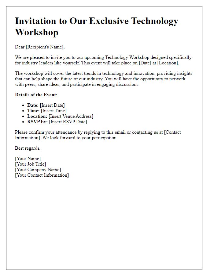 Letter template of technology workshop invitation for industry leaders