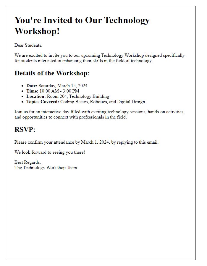 Letter template of technology workshop invitation for students