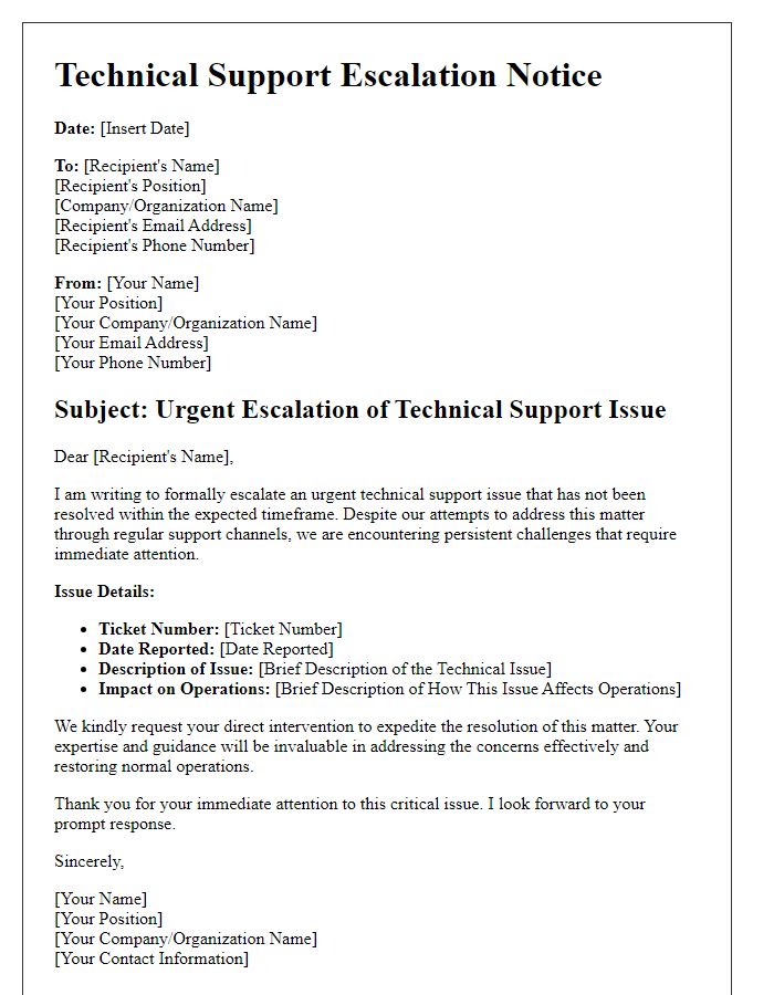 Letter template of critical technical support escalation communication.