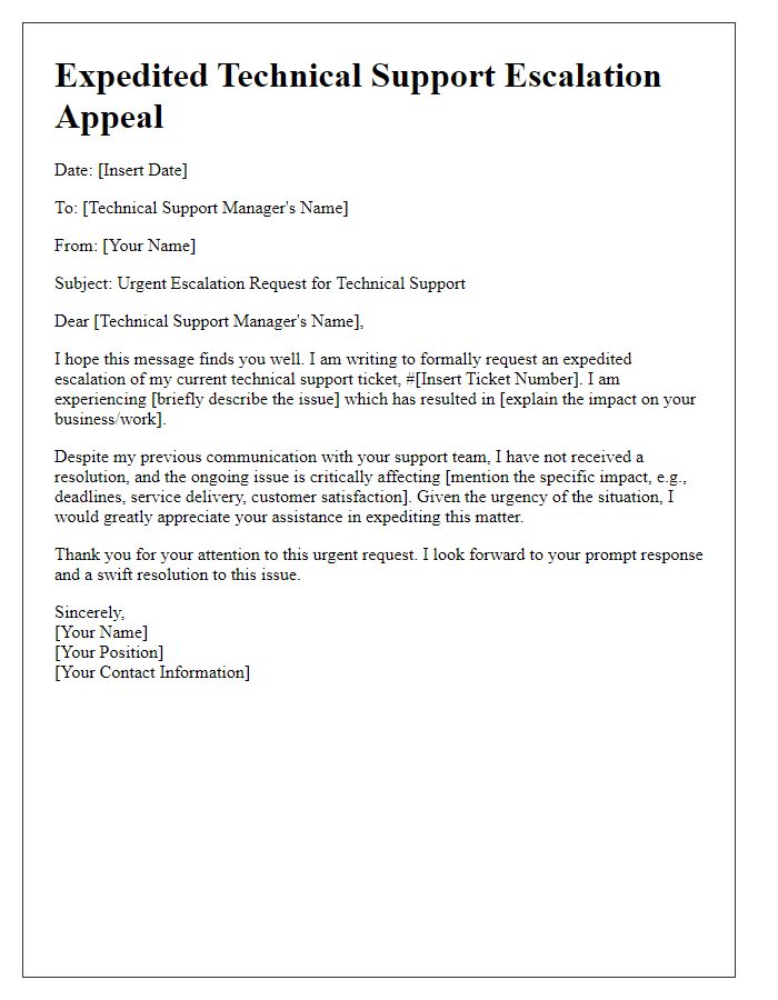 Letter template of expedited technical support escalation appeal.