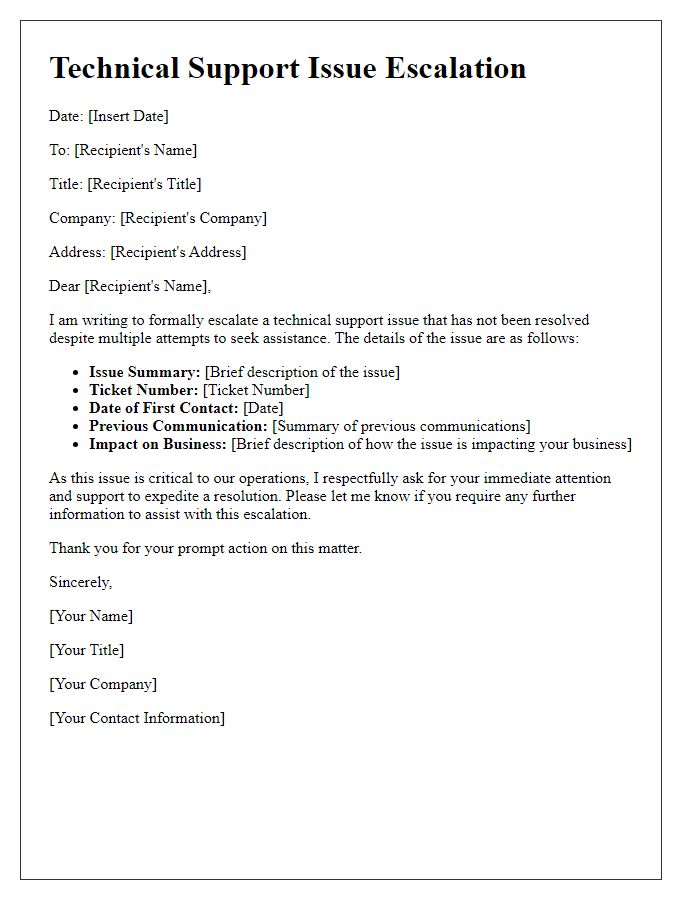 Letter template of formal technical support issue escalation.