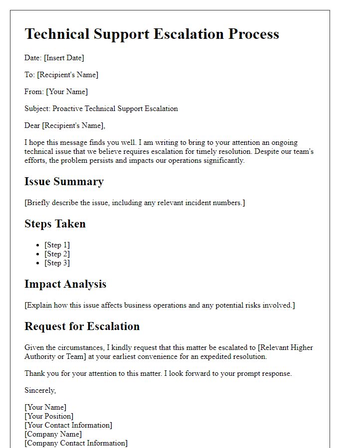 Letter template of proactive technical support escalation process.