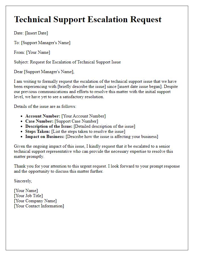 Letter template of systematic technical support escalation request.