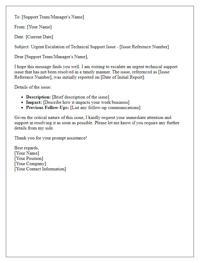 Letter template of technical support issue urgency escalation.