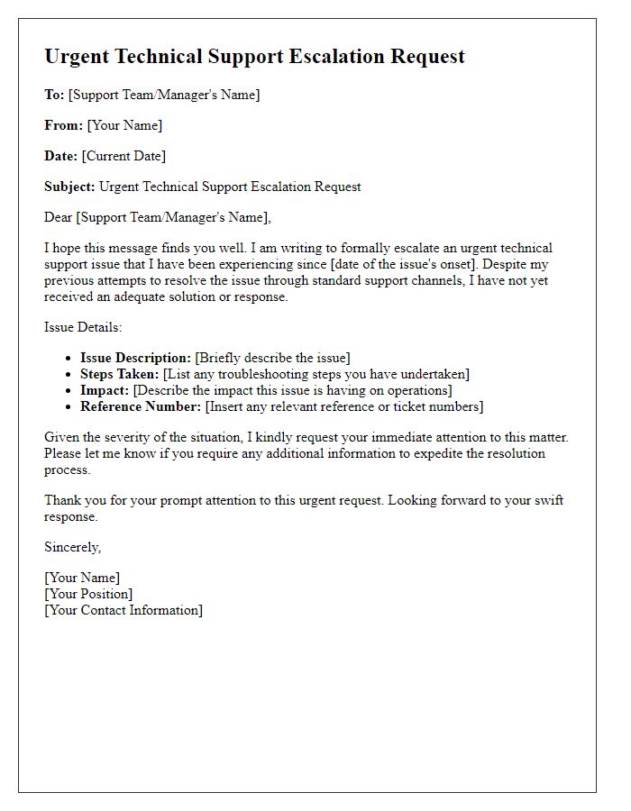 Letter template of urgent technical support escalation request.