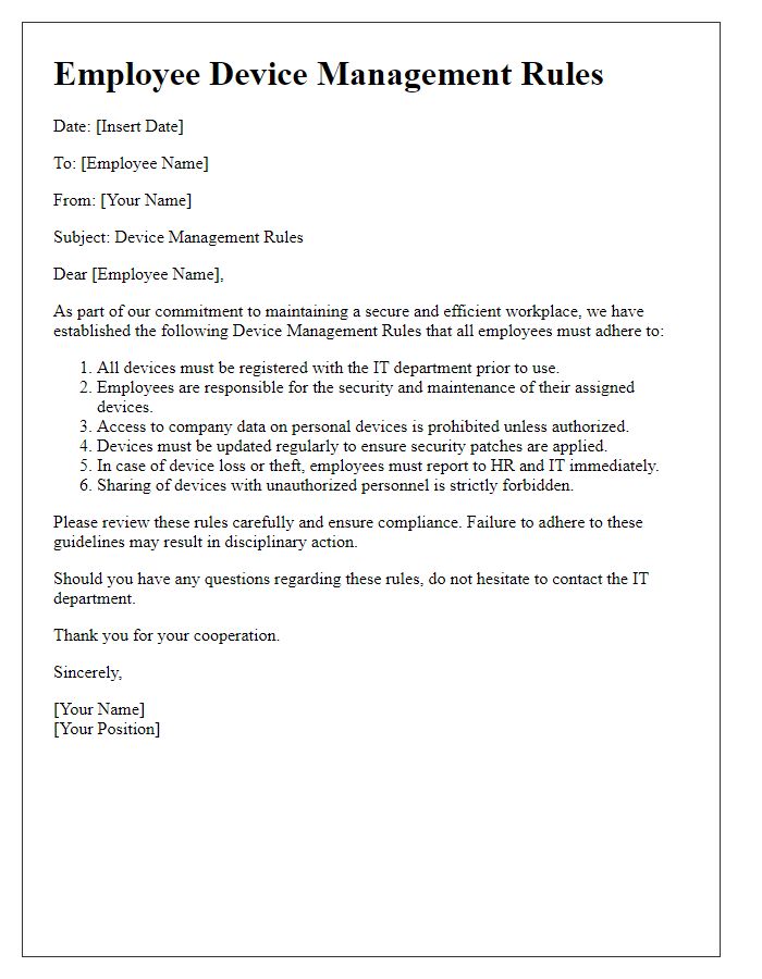 Letter template of employee device management rules