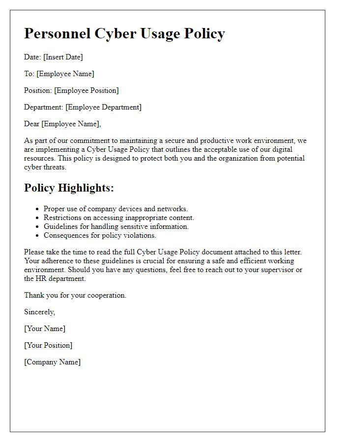 Letter template of personnel cyber usage policy