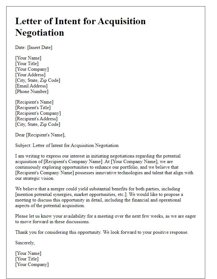 Letter template of acquisition negotiation for emerging tech businesses