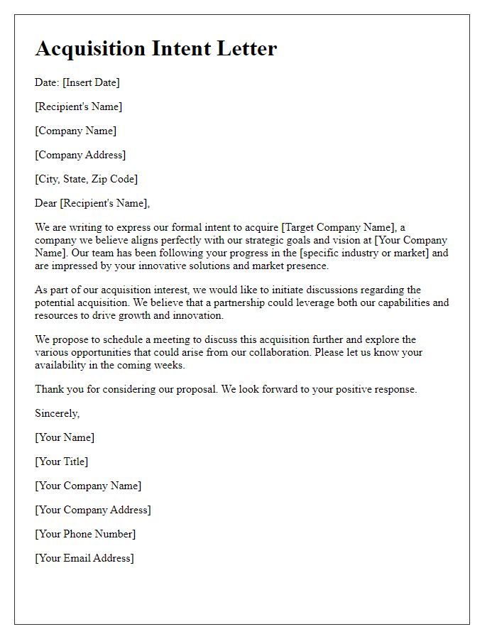 Letter template of tech startup acquisition intent letter