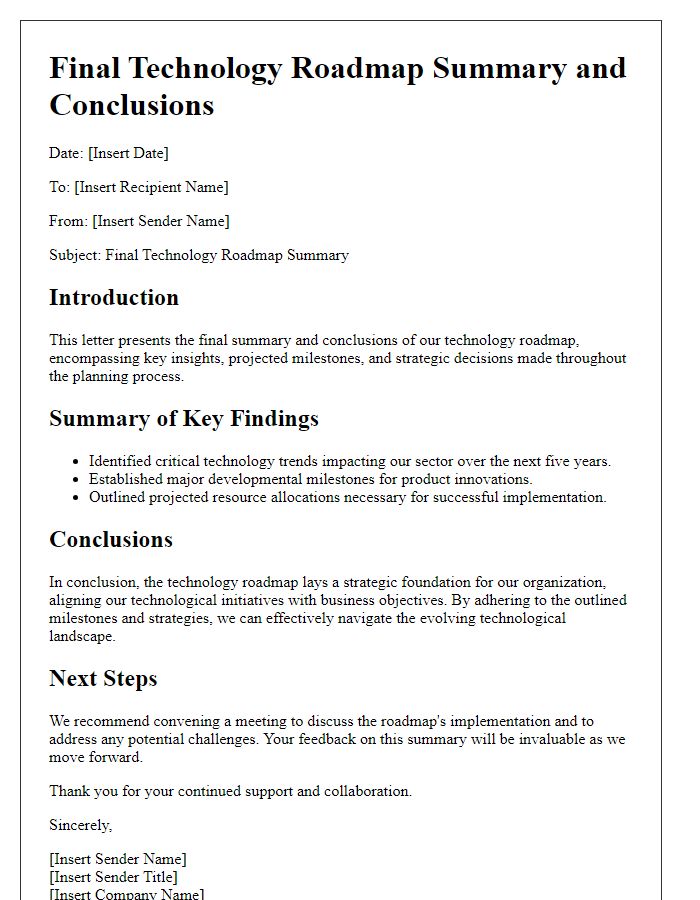 Letter template of final technology roadmap summary and conclusions